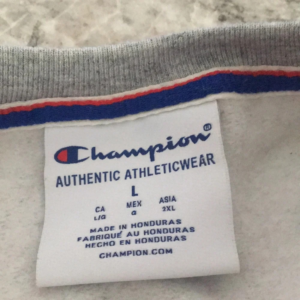 Champion Powerblend Red, Gray and Blue Colorblock Script Logo Sweatshirt - Picture 7 of 8